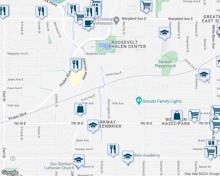 map of restaurants, bars, coffee shops, grocery stores, and more near 1419 Case Avenue East in Saint Paul