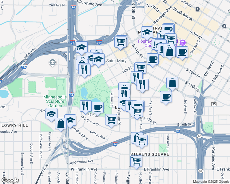 map of restaurants, bars, coffee shops, grocery stores, and more near 1370 Willow Street in Minneapolis