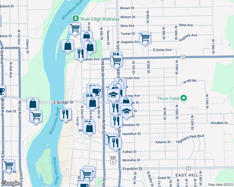 map of restaurants, bars, coffee shops, grocery stores, and more near 1616 North 6th Street in Wausau