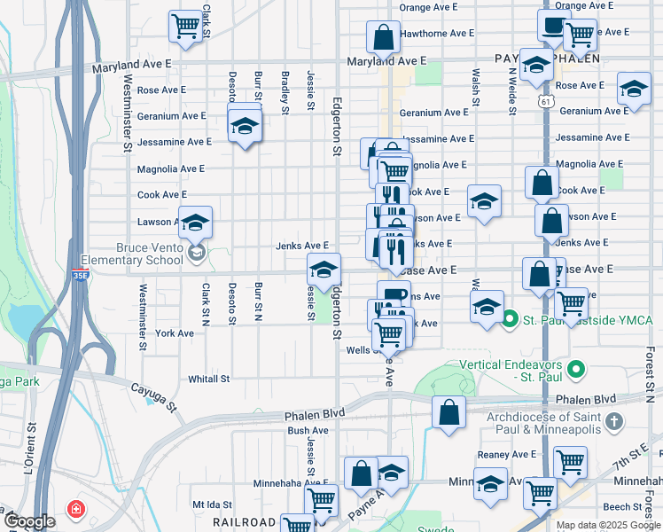 map of restaurants, bars, coffee shops, grocery stores, and more near 958 Jessie Street in Saint Paul