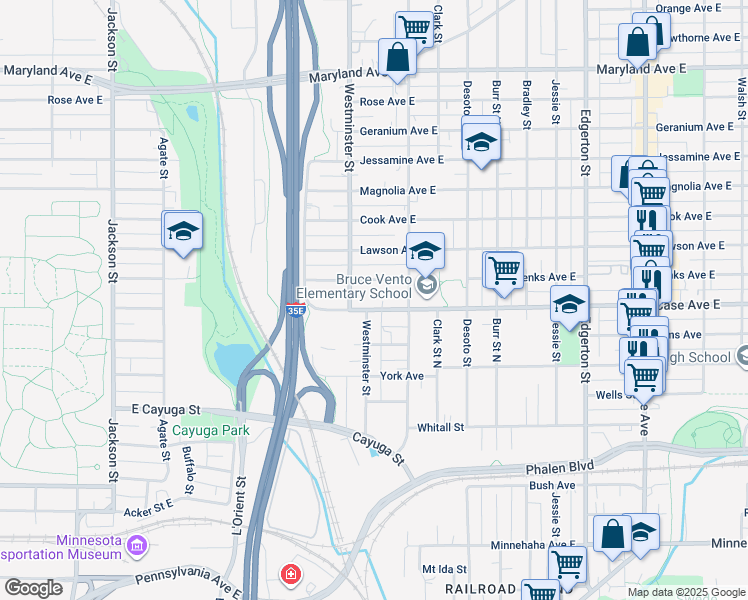map of restaurants, bars, coffee shops, grocery stores, and more near in Saint Paul