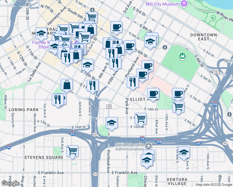 map of restaurants, bars, coffee shops, grocery stores, and more near in Minneapolis