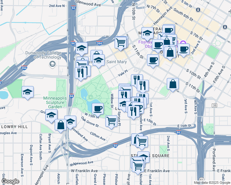 map of restaurants, bars, coffee shops, grocery stores, and more near 1370 Willow Street in Minneapolis