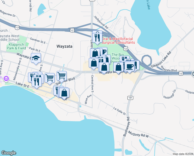 map of restaurants, bars, coffee shops, grocery stores, and more near 150 Central Avenue South in Wayzata