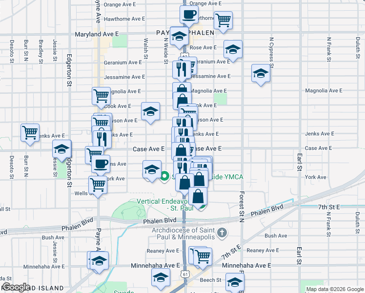 map of restaurants, bars, coffee shops, grocery stores, and more near 961 U.S. 61 in Saint Paul