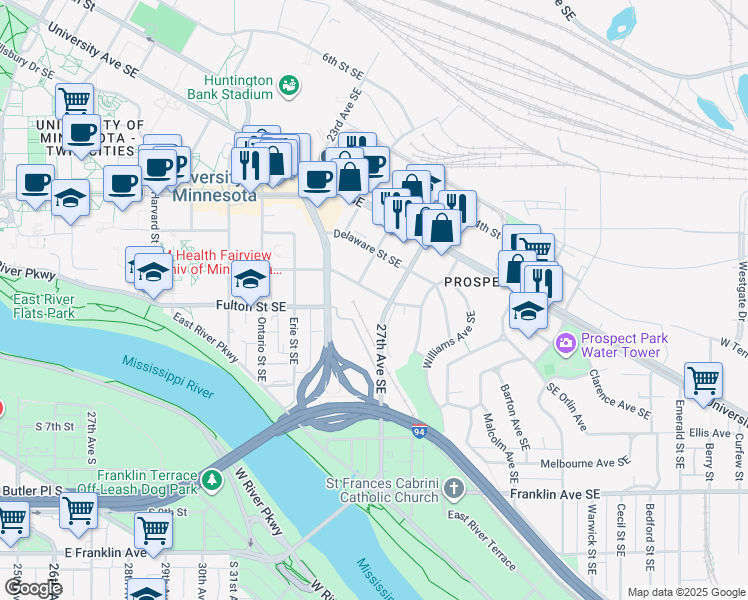 map of restaurants, bars, coffee shops, grocery stores, and more near 2618 Essex Street Southeast in Minneapolis