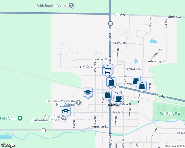 map of restaurants, bars, coffee shops, grocery stores, and more near 800 12th Avenue in Baldwin