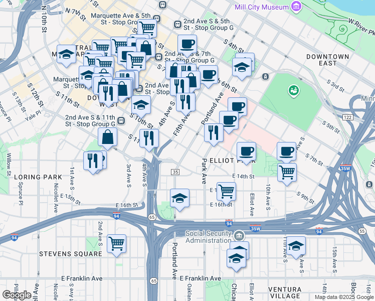 map of restaurants, bars, coffee shops, grocery stores, and more near in Minneapolis