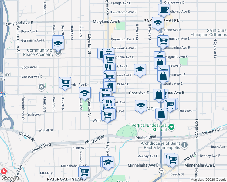 map of restaurants, bars, coffee shops, grocery stores, and more near 657 Case Avenue East in Saint Paul