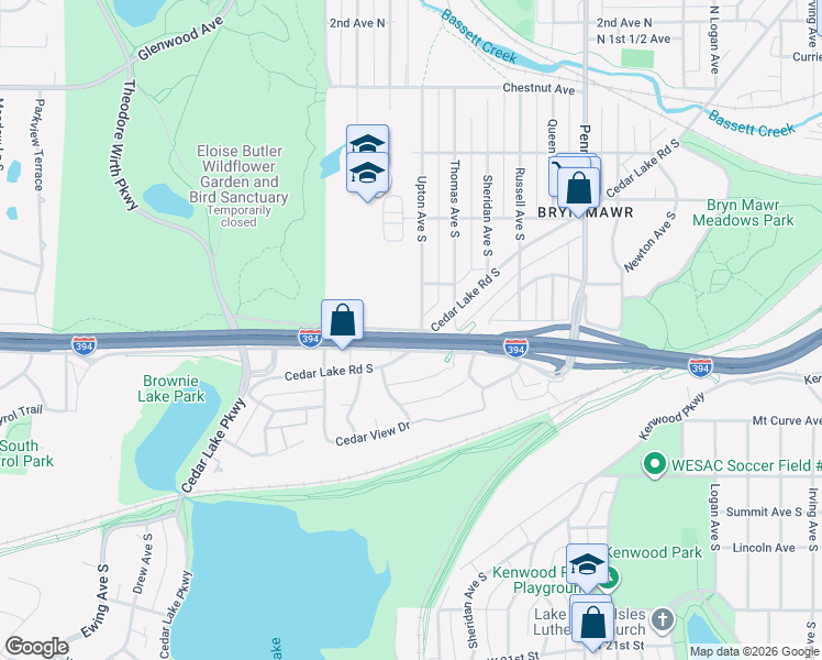 map of restaurants, bars, coffee shops, grocery stores, and more near 1001 Cedar Lake Road South in Minneapolis