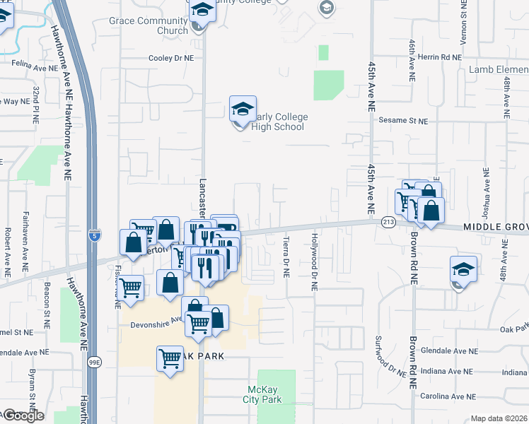 map of restaurants, bars, coffee shops, grocery stores, and more near 3464 Chiefs Court Northeast in Salem