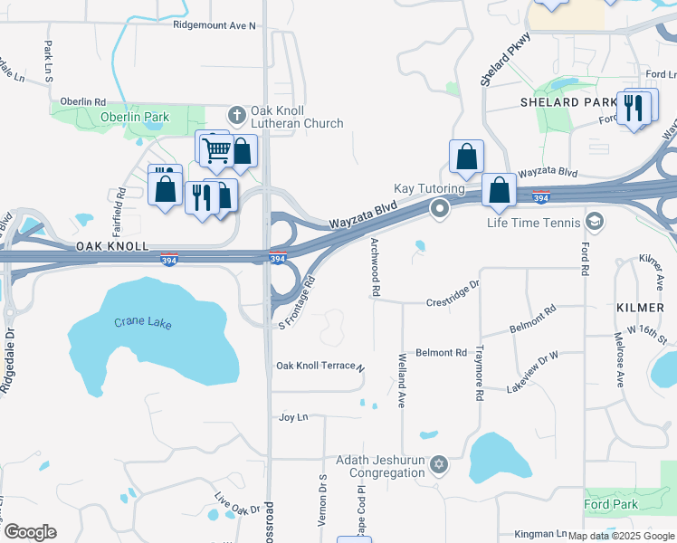 map of restaurants, bars, coffee shops, grocery stores, and more near 10925 Wayzata Boulevard in Hopkins