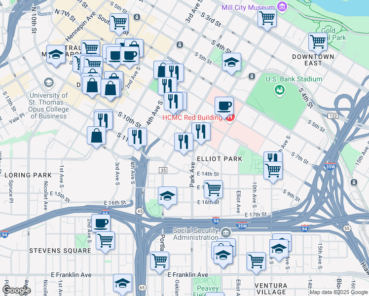 map of restaurants, bars, coffee shops, grocery stores, and more near 619 South 10th Street in Minneapolis