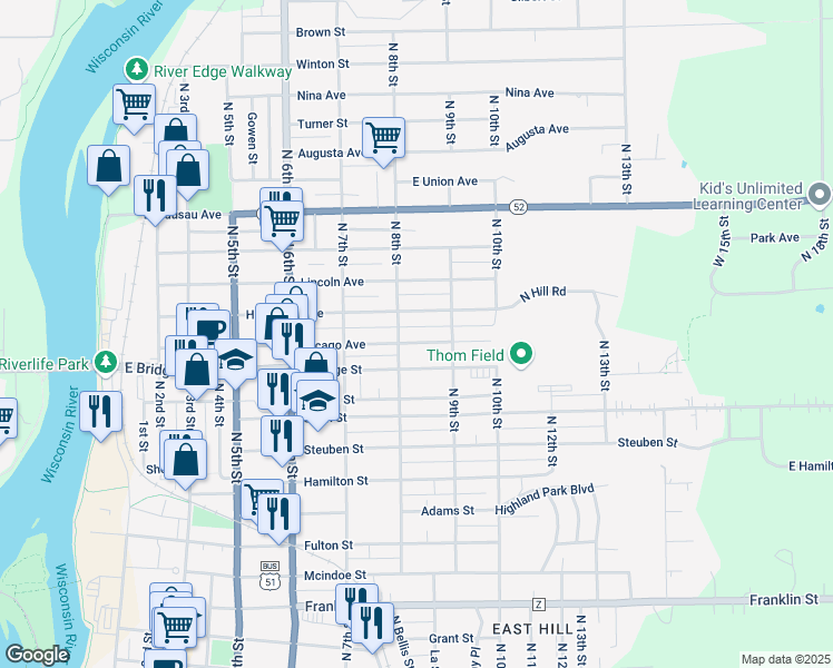 map of restaurants, bars, coffee shops, grocery stores, and more near 805 Chicago Avenue in Wausau