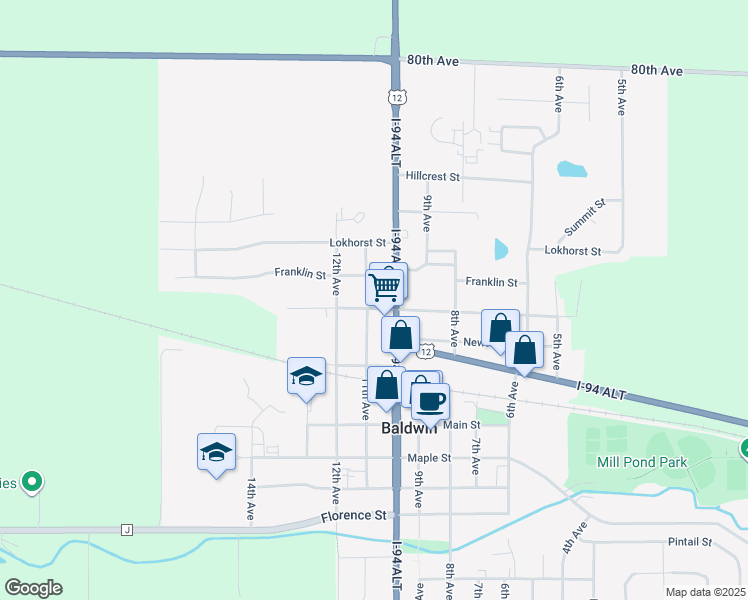 map of restaurants, bars, coffee shops, grocery stores, and more near 1080 Curtis Street in Baldwin
