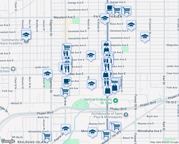 map of restaurants, bars, coffee shops, grocery stores, and more near 746 Case Avenue East in Saint Paul