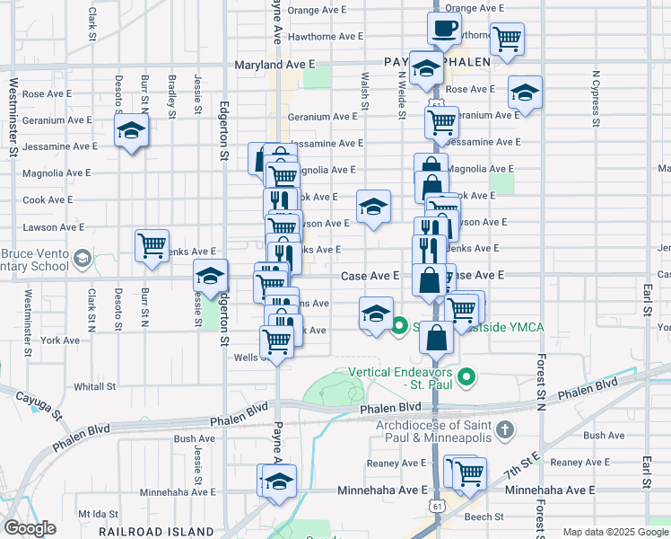 map of restaurants, bars, coffee shops, grocery stores, and more near 710 Case Avenue East in Saint Paul