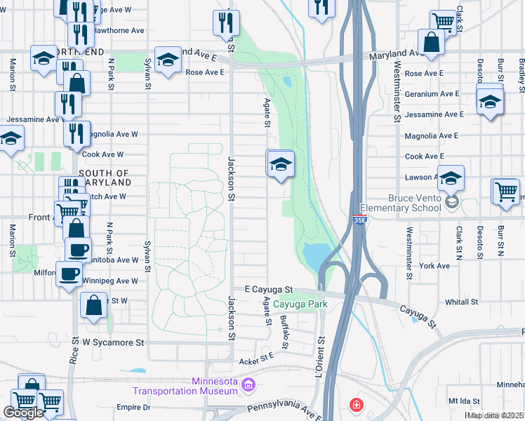 map of restaurants, bars, coffee shops, grocery stores, and more near 150 Case Avenue East in Saint Paul
