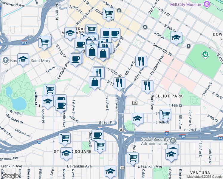 map of restaurants, bars, coffee shops, grocery stores, and more near in Minneapolis