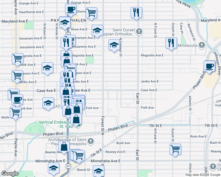 map of restaurants, bars, coffee shops, grocery stores, and more near 963 Case Avenue East in Saint Paul