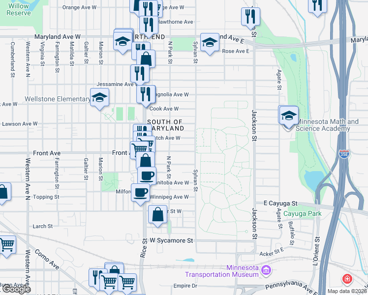 map of restaurants, bars, coffee shops, grocery stores, and more near 46 Front Avenue in Saint Paul