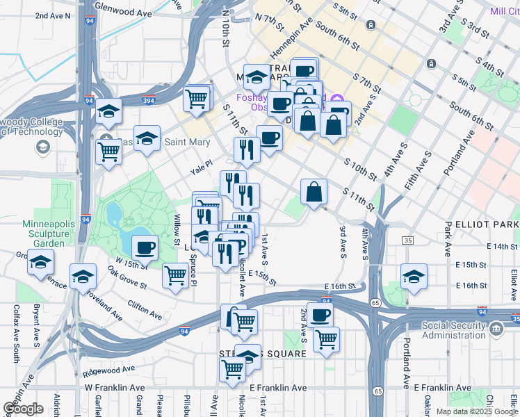 map of restaurants, bars, coffee shops, grocery stores, and more near 1313 Nicollet Mall in Minneapolis