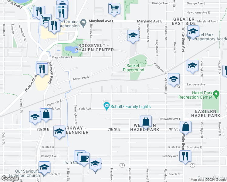 map of restaurants, bars, coffee shops, grocery stores, and more near 1541 Case Avenue East in Saint Paul