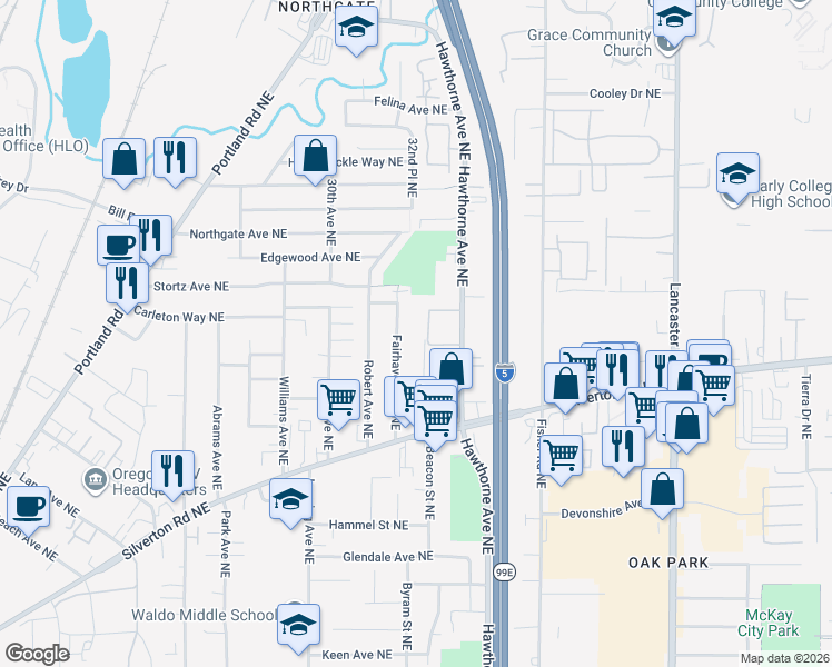 map of restaurants, bars, coffee shops, grocery stores, and more near 3424 Fairhaven Avenue Northeast in Salem