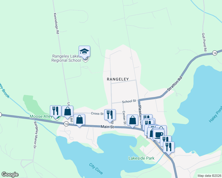 map of restaurants, bars, coffee shops, grocery stores, and more near 47 Allen Street in Rangeley