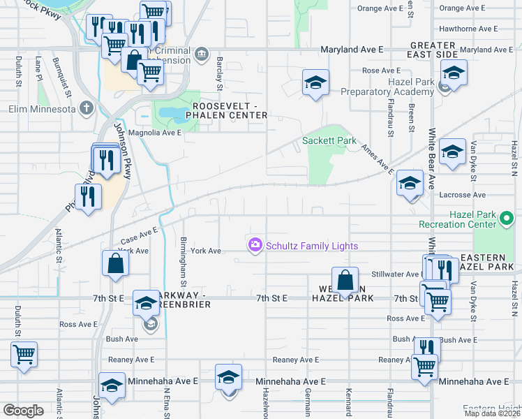 map of restaurants, bars, coffee shops, grocery stores, and more near 1530 Case Avenue East in Saint Paul