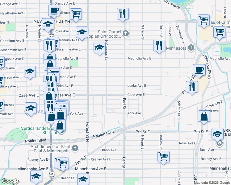 map of restaurants, bars, coffee shops, grocery stores, and more near 1030 Case Avenue East in Saint Paul