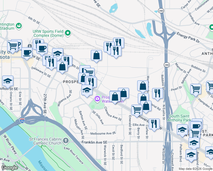 map of restaurants, bars, coffee shops, grocery stores, and more near 3118 Southeast 4th Street in Minneapolis