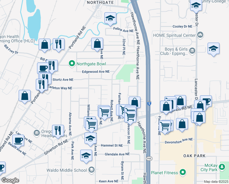 map of restaurants, bars, coffee shops, grocery stores, and more near 3455 Robert Avenue Northeast in Salem