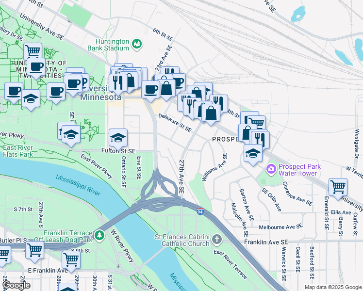 map of restaurants, bars, coffee shops, grocery stores, and more near 133 27th Avenue Southeast in Minneapolis