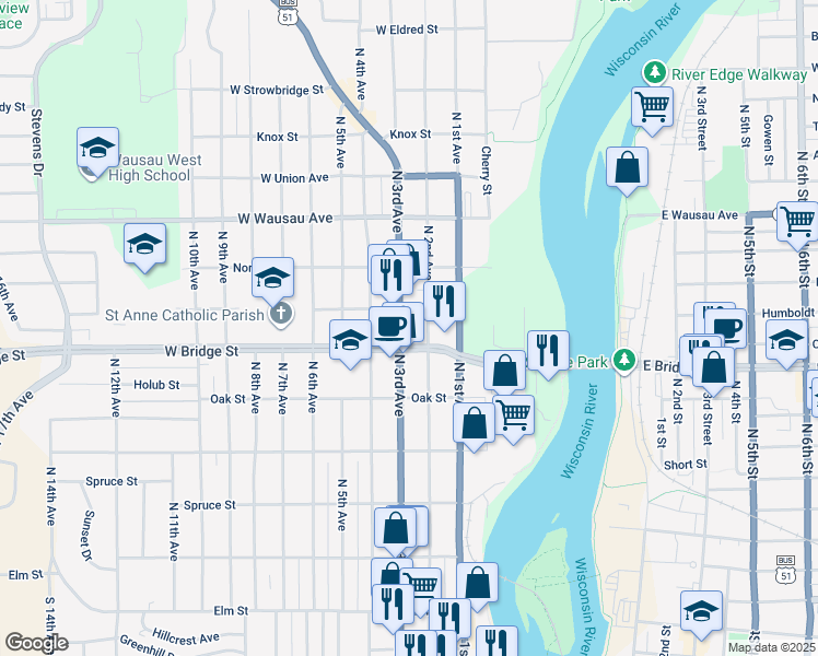map of restaurants, bars, coffee shops, grocery stores, and more near 200 West Bridge Street in Wausau