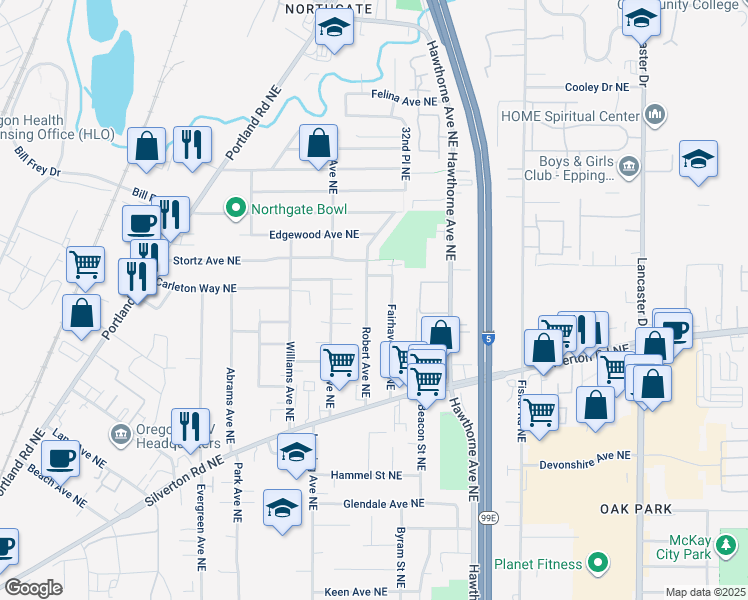 map of restaurants, bars, coffee shops, grocery stores, and more near 3455 Robert Avenue Northeast in Salem