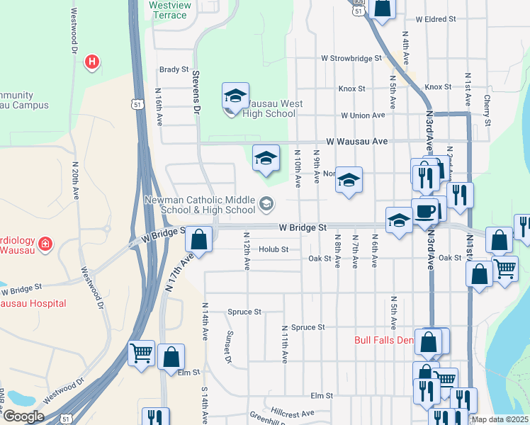 map of restaurants, bars, coffee shops, grocery stores, and more near 1130 West Bridge Street in Wausau
