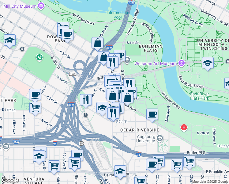 map of restaurants, bars, coffee shops, grocery stores, and more near 309 Cedar Avenue in Minneapolis