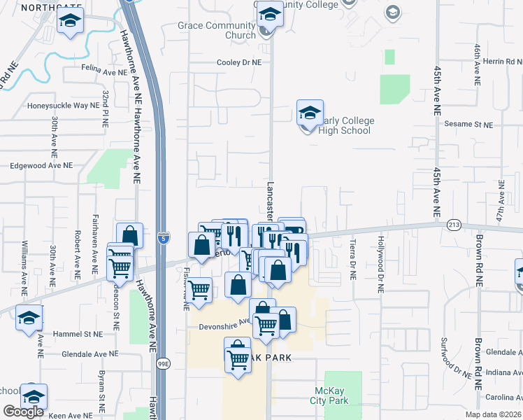 map of restaurants, bars, coffee shops, grocery stores, and more near 3490 Lancaster Drive Northeast in Salem