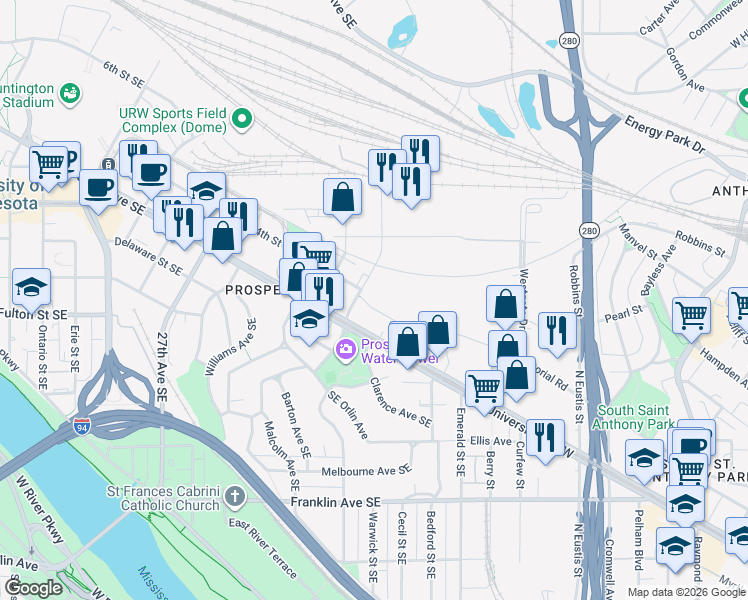 map of restaurants, bars, coffee shops, grocery stores, and more near 3118 Southeast 4th Street in Minneapolis