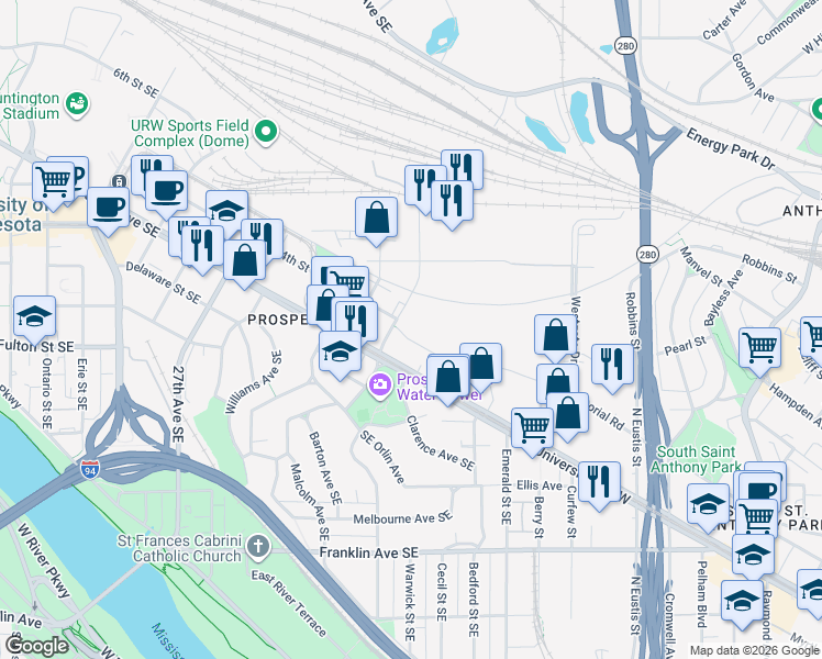 map of restaurants, bars, coffee shops, grocery stores, and more near 3118 Southeast 4th Street in Minneapolis