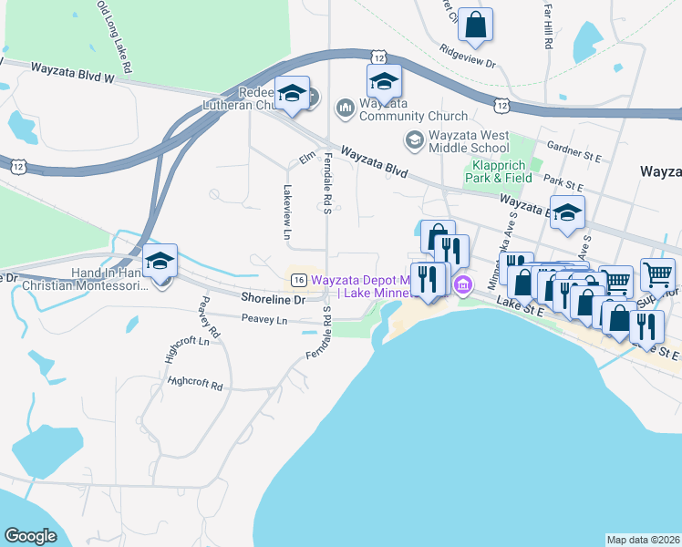 map of restaurants, bars, coffee shops, grocery stores, and more near 121 Grove Lane East in Wayzata