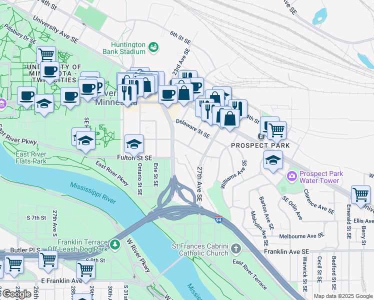 map of restaurants, bars, coffee shops, grocery stores, and more near 525 Huron Boulevard Southeast in Minneapolis