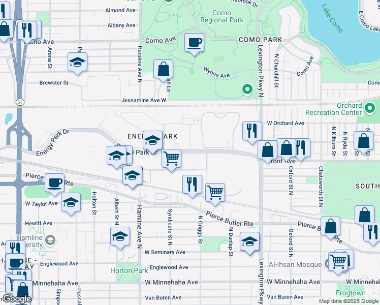 map of restaurants, bars, coffee shops, grocery stores, and more near in Saint Paul