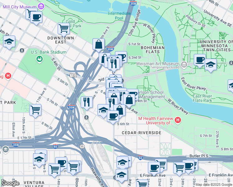 map of restaurants, bars, coffee shops, grocery stores, and more near 309 Cedar Avenue in Minneapolis