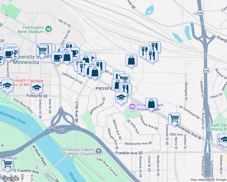 map of restaurants, bars, coffee shops, grocery stores, and more near in Minneapolis