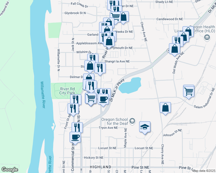 map of restaurants, bars, coffee shops, grocery stores, and more near 3120 Broadway Street in Salem