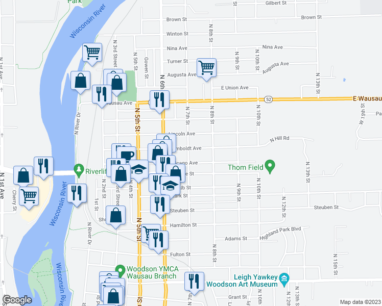 map of restaurants, bars, coffee shops, grocery stores, and more near 1709 North 7th Street in Wausau
