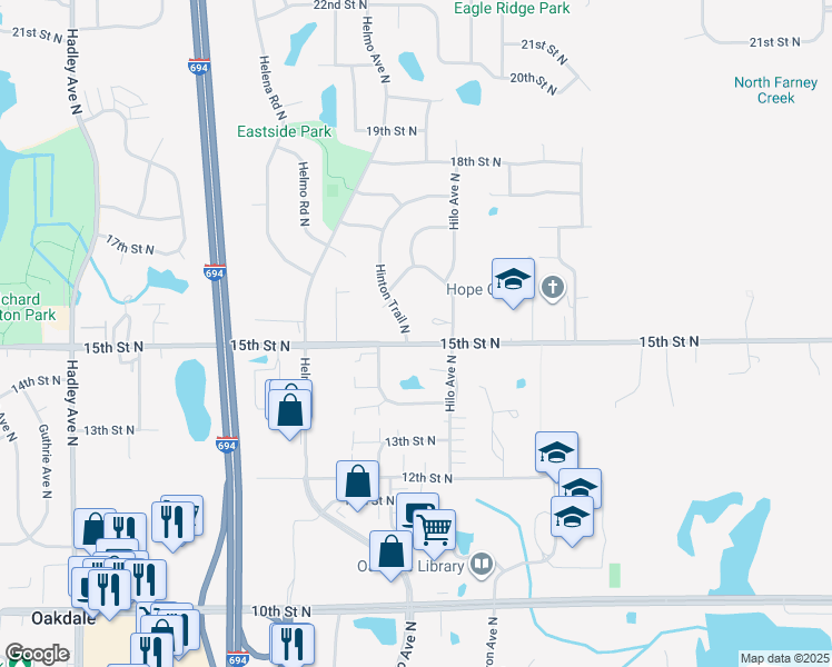 map of restaurants, bars, coffee shops, grocery stores, and more near 1567 Hinton Trail North in Oakdale