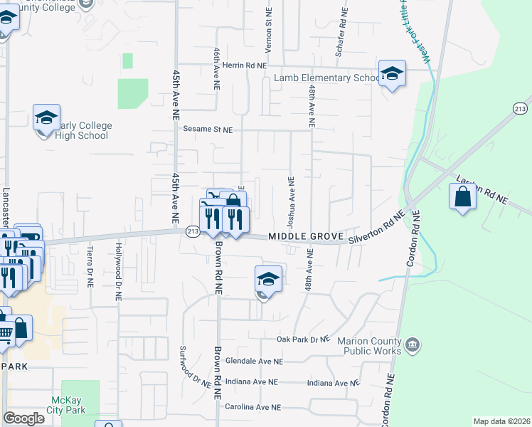 map of restaurants, bars, coffee shops, grocery stores, and more near 4693 Silverton Road Northeast in Salem